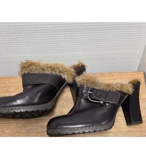 BOC Faux Fur Lined Brown Leather Mules Size 8 EU38 Block Heel Slip On Shoes